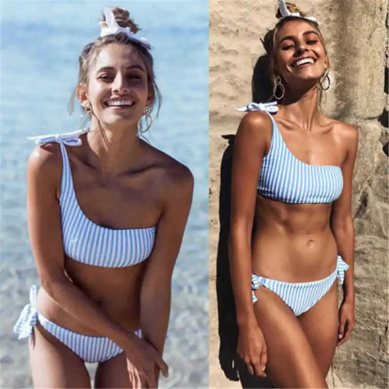 

Women Stripe Swimwear Sexy One Shoulder Bikinis Set Low Waist Swimsuit Summer Bandage Bathing Suit Tube Top Female Beachwear