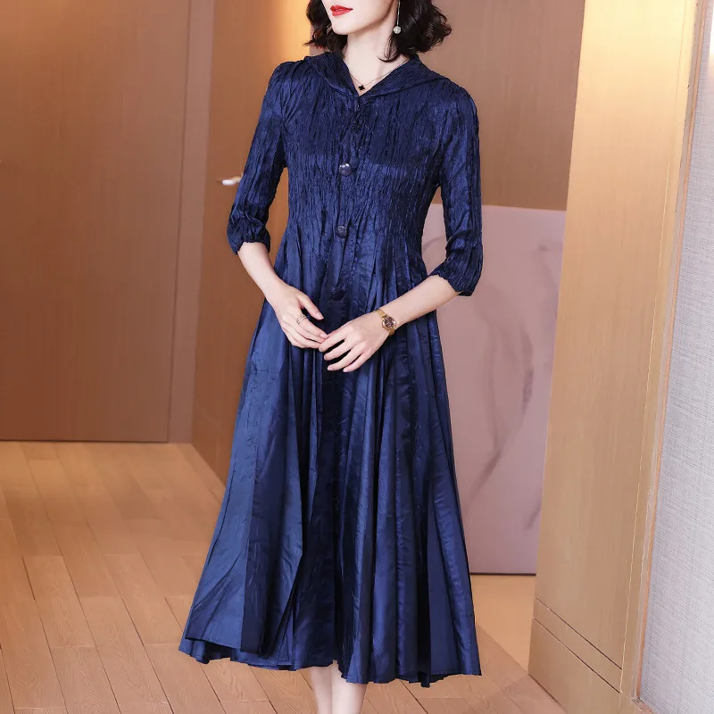 

TVVOVVIN Fashion Elegant Hooded Pleated Dress Spring 2021 New Large Size Slim Solid Color Sashes Mid-length Dress J0VO