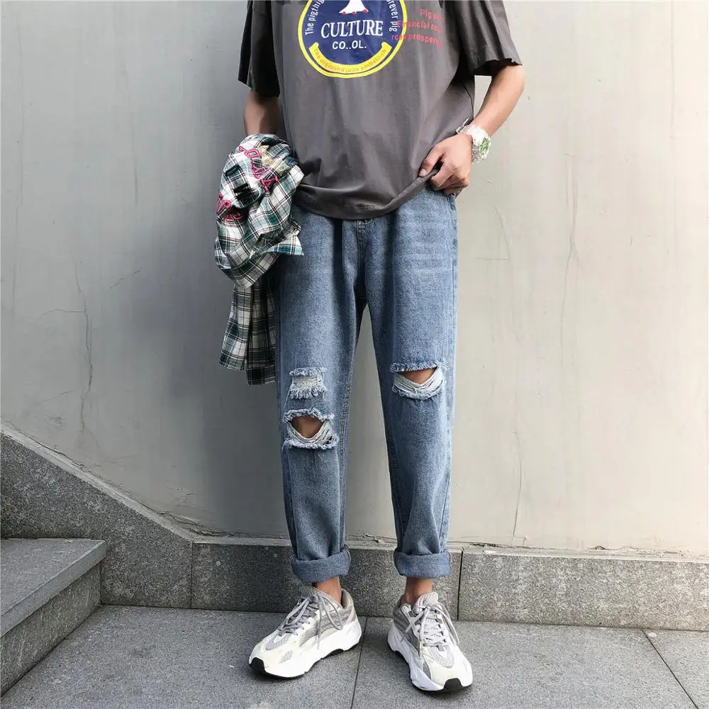 

Wholesale 2022 Wide-legged Handsome T Ripped Jeans Beggar Hong Kong Style Pants Men's Loose Korean Style Trend Straight Jeans