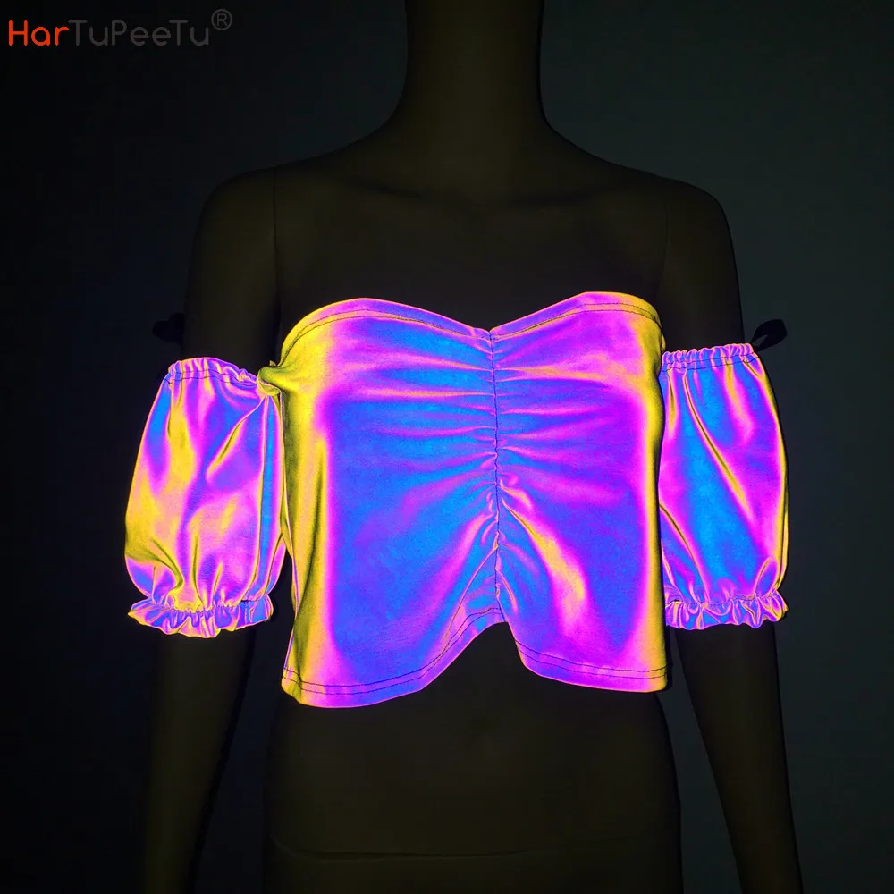 

Womens Crop Top Ruched Metallic Reflective Holographic Colourful Festival Rave Girls Puff Sleeve Strapless Party Club Tank Vest
