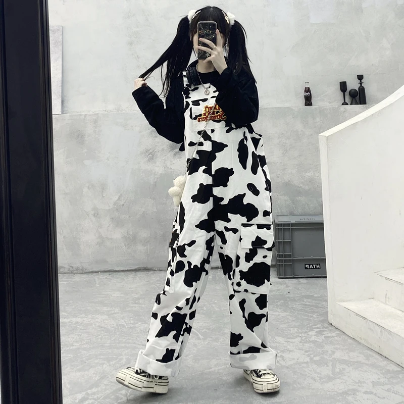 

Casual Cargo Overalls High Waist Loose Cows Printing Trousers Straight Harem Rompers Korean Street New Harajuku Tooling Style