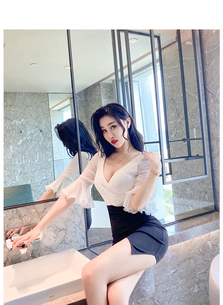 

low-cut fashion dress stitching bag hip perspective lotus leaf Sheath Office Lady Polyester Nightclub women's sexy