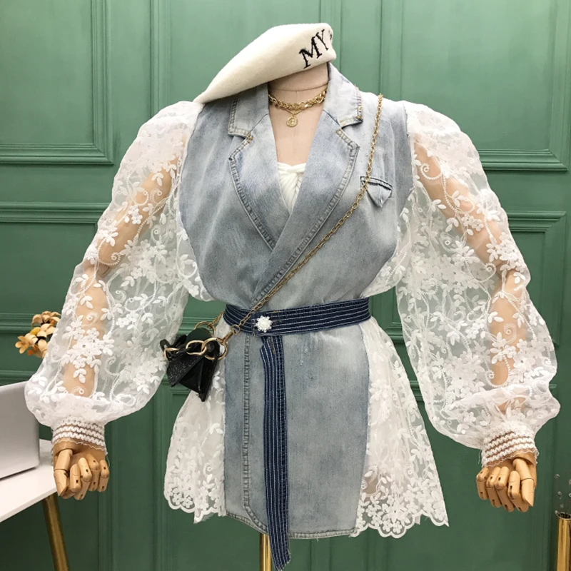 

2022 Summer Coat Loose Fit Lace Stitch Denim Bandage Short Jacket New Lapel Long Sleeve Women Coat Fashion Tide Spring Jackets