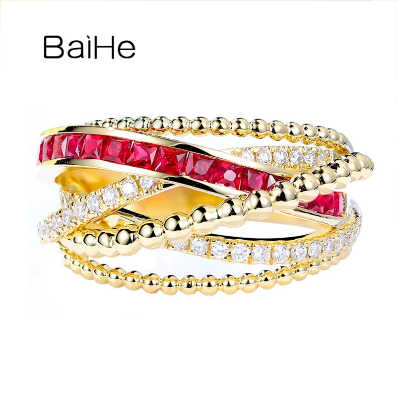 BAIHE однотонное 14K желтое золото 0.70ct квадратный огранка натуральный рубин 0.20ct