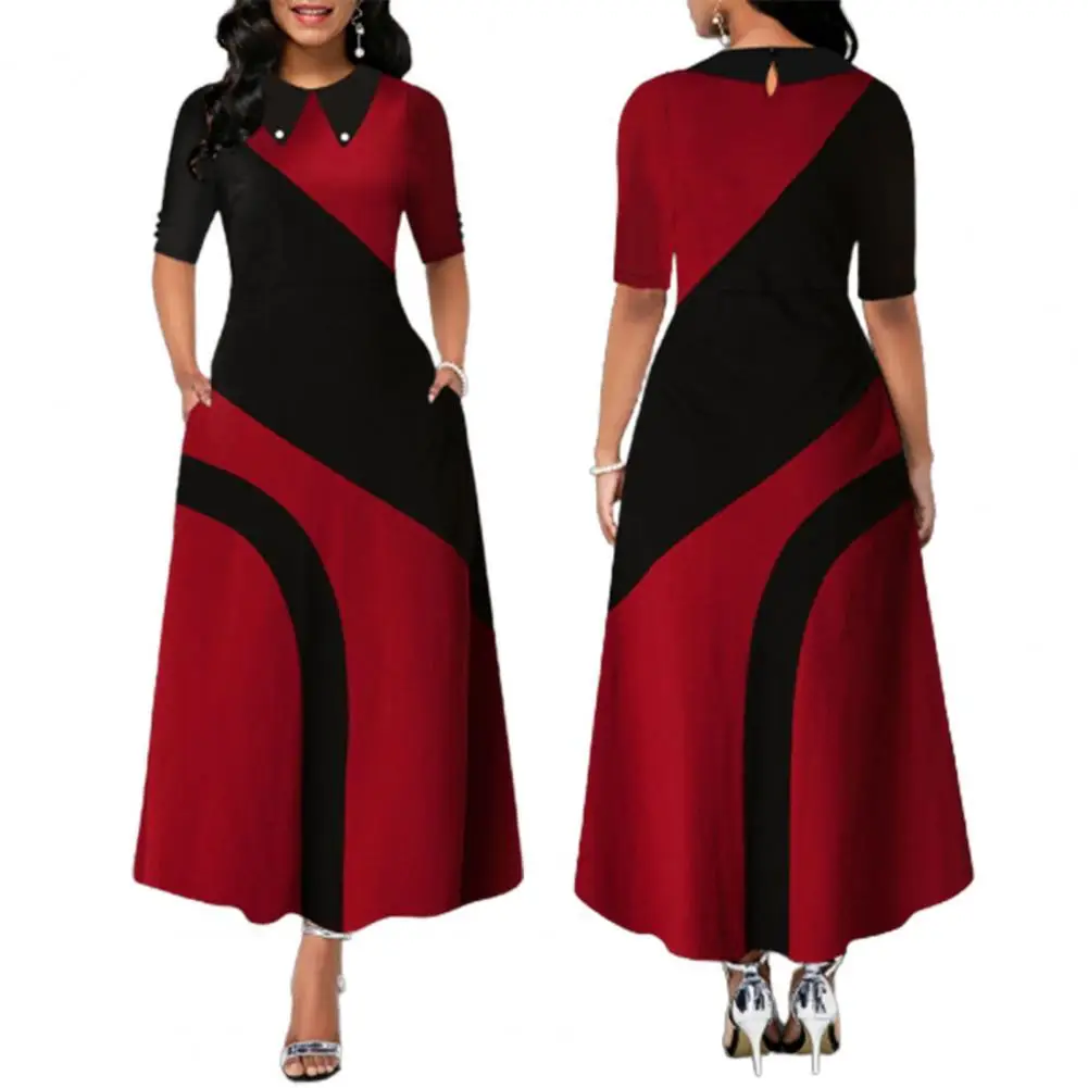 

Women Peaked Collar Flare A-Line Dress Turn-Down Collar Side Pockets Maxi Dress Large Hem Contrast Color Half Sleeve Women Dress
