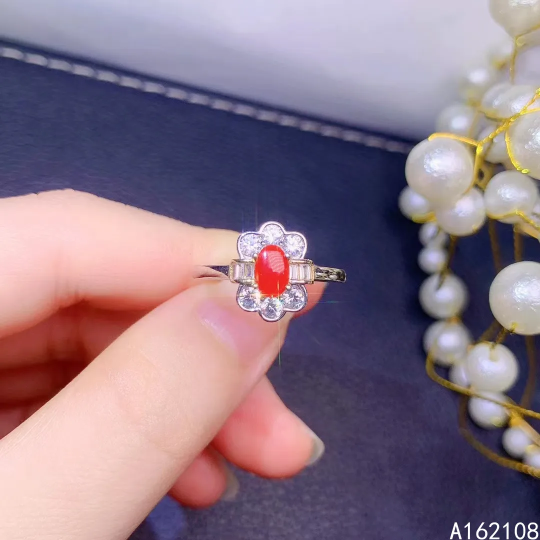 

Exquisite Jewelry 925 Sterling Silver Inset With Gemstone Women's Luxury Elegant Flower Red Coral Adjustable Ring Support Detect