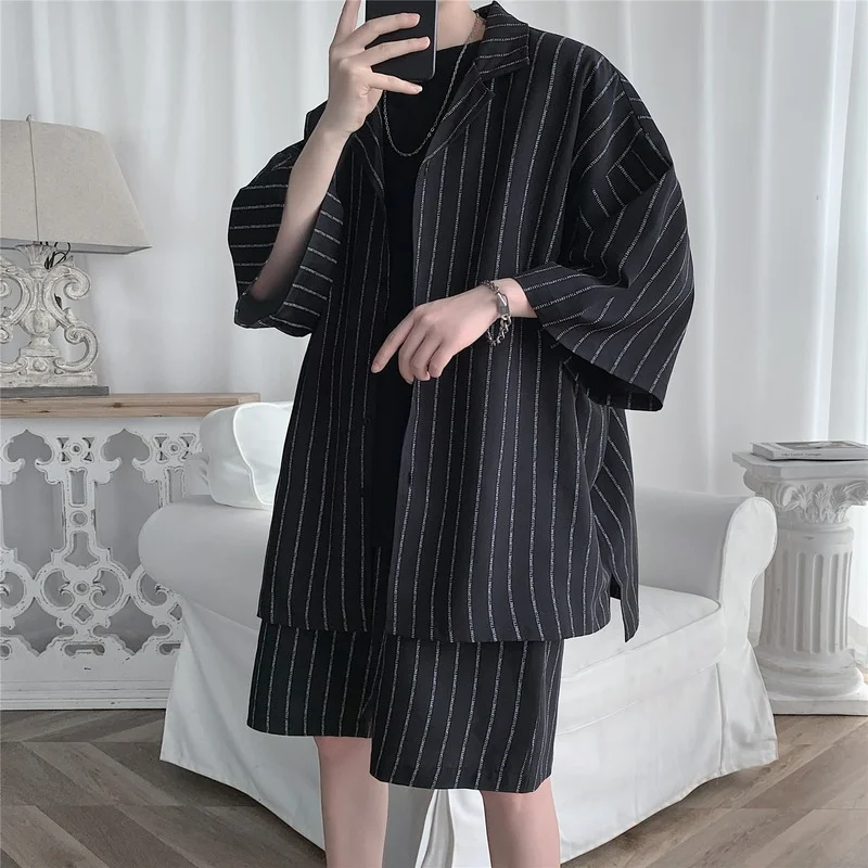 

2021 Summer Men Set Shirts and Shorts Lightweight Fabric Letter Striped Half Sleeve Elastic Knee-Length Baggy Oversize Clothing