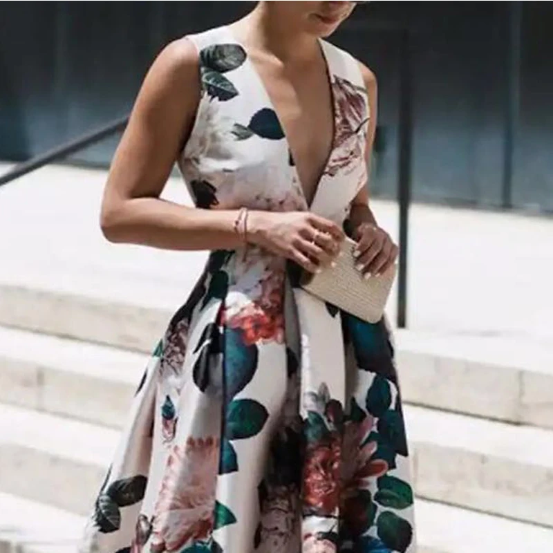 

2021 New Summer European And American Cross Border Fashion Women's Holiday V-Neck Sleeveless Printed On June Vfemage Vestido