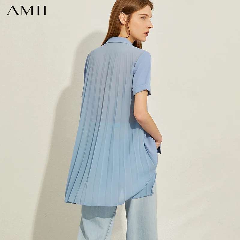 AMII минимализм весна лето однотонная плиссированная модная женская рубашка с