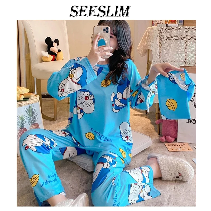 Seeslim с принтом Doraemon одежда для сна женские футболки в виде пижама комплекте