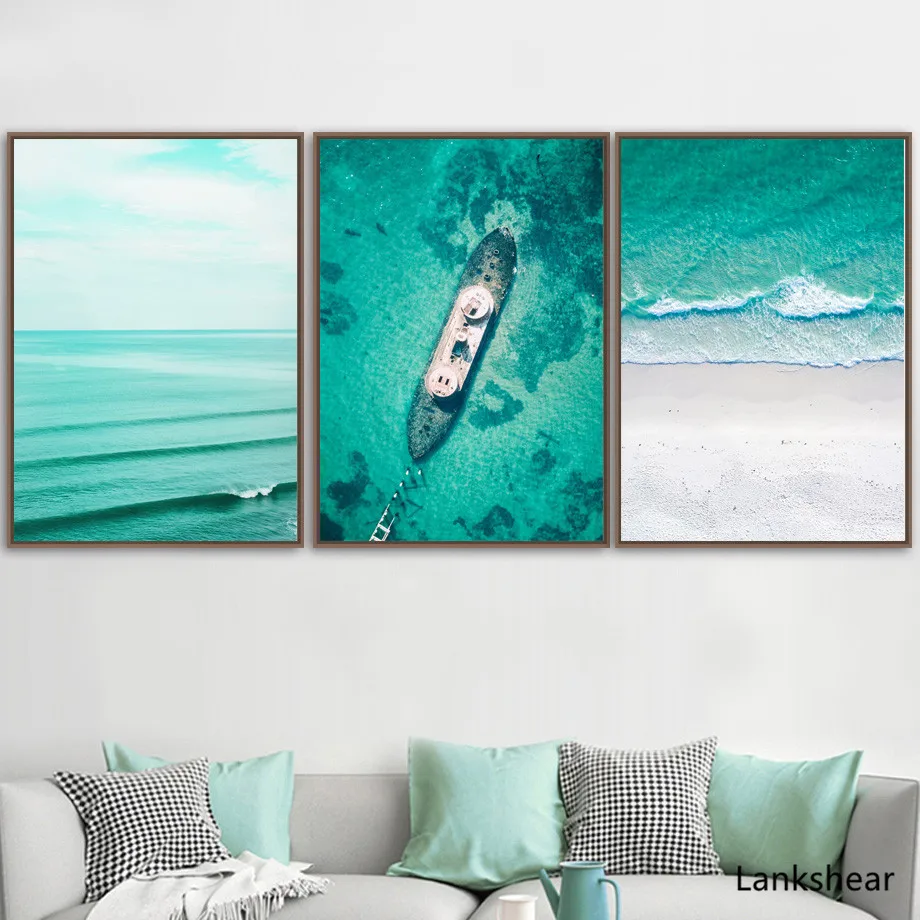 Морская волна пляж корабль девушка Пальма стена Художественная печать холст