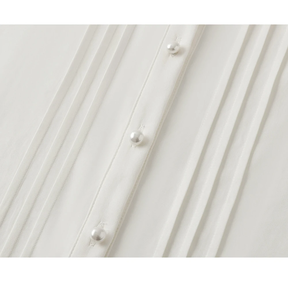 

Simple White Shirts Women Beaded Lapel Lantern Sleeve Blouses Tops Korean Fashion Office Lady Pleated Shirts Autumn 2021