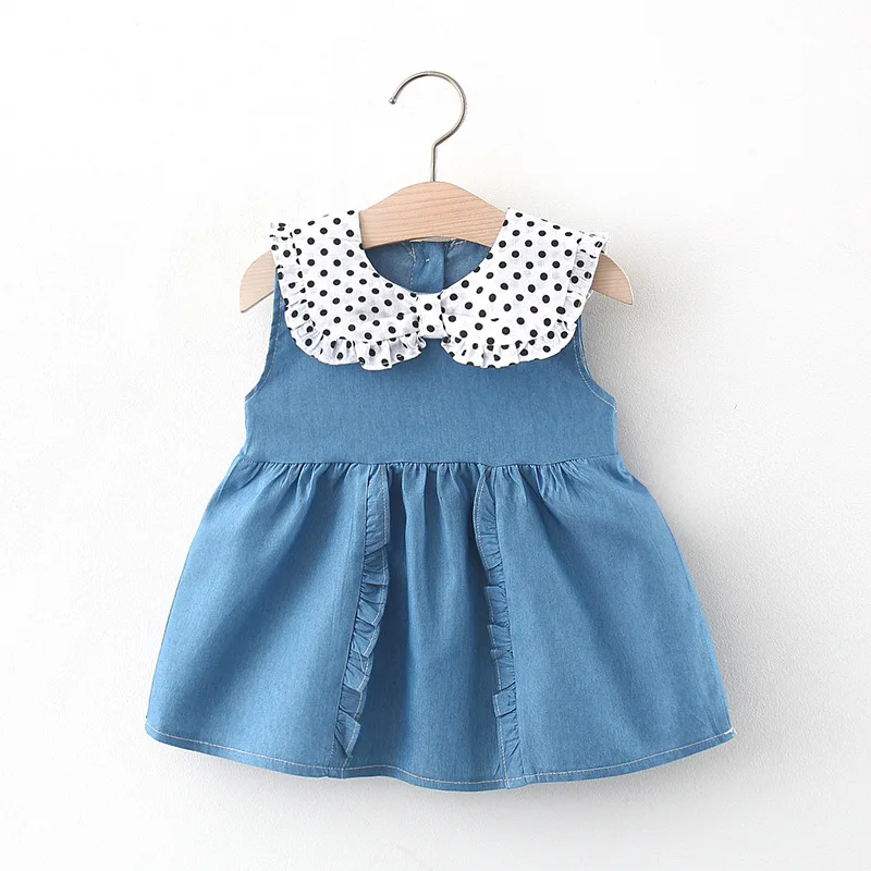 

Summer Baby Girls Outfit Polka Dot Print Lapel Collar Sleeveless Sundress Cute Denim Jeans Kids Casual Dress Toddler Dresses