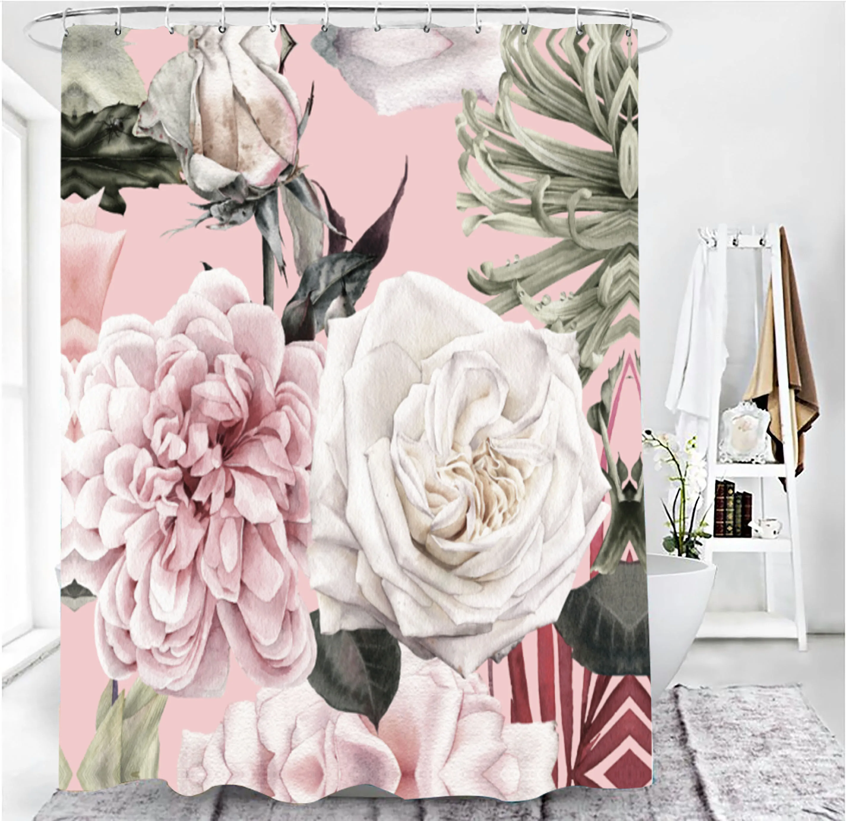 

Big Flower Shower Curtain Mat Set with Carpet Bath Screen for Home Hotel Bathtub Partition Mold Proof Durable Curtains Hooks