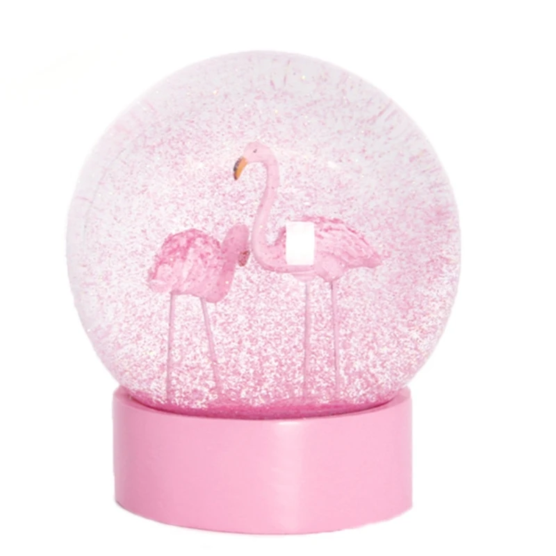

Flamingo Glitter Clear Glass Snow Globe Crystal Ball with Pink Base Women Gifts HX5A