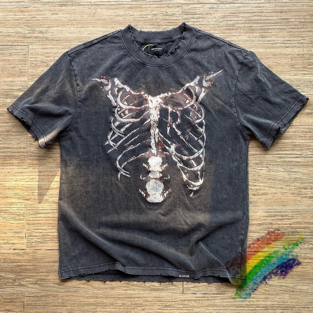

2022ss Represent Bones T Shirt Men Women 1:1 High Quality Ribs Vertebrae Graphic Represent T-shirt Washed Tops Tee