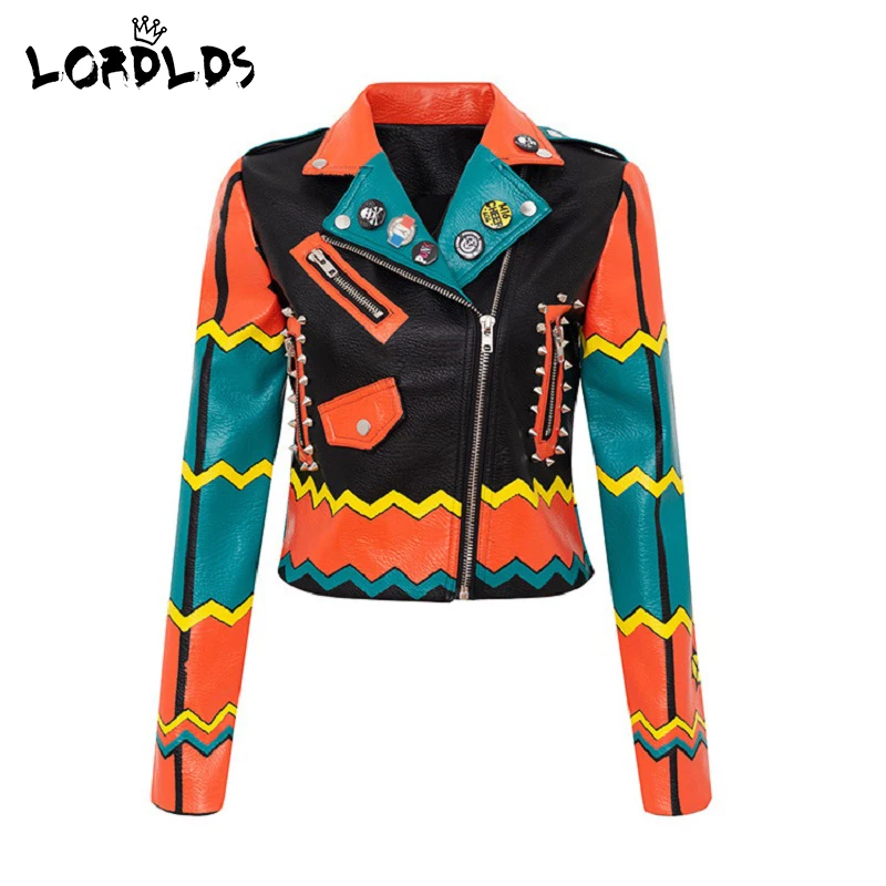 LORDLDS PU Faux Leather Jacket Women Colorful Indian Print Motorcycle Punk Style Autumn Winter Biker Outwear Coats