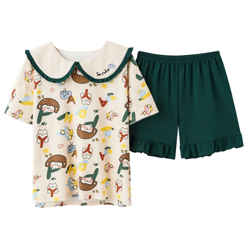 

Cotton Casual All Match Loose Homewear Fashion Green Lace Sleepwear Cute Cartoon Women Summer Short Sleeve Shorts Pajamas Set