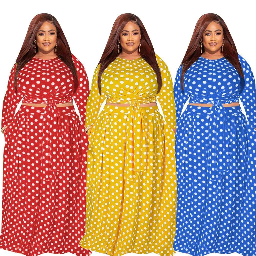 

Dot Printing Women Plus Size Two Piece Sets Hot Selling Lace-up O-neck Tops A-line Floor-length Skirts Casual Autumn Outfits