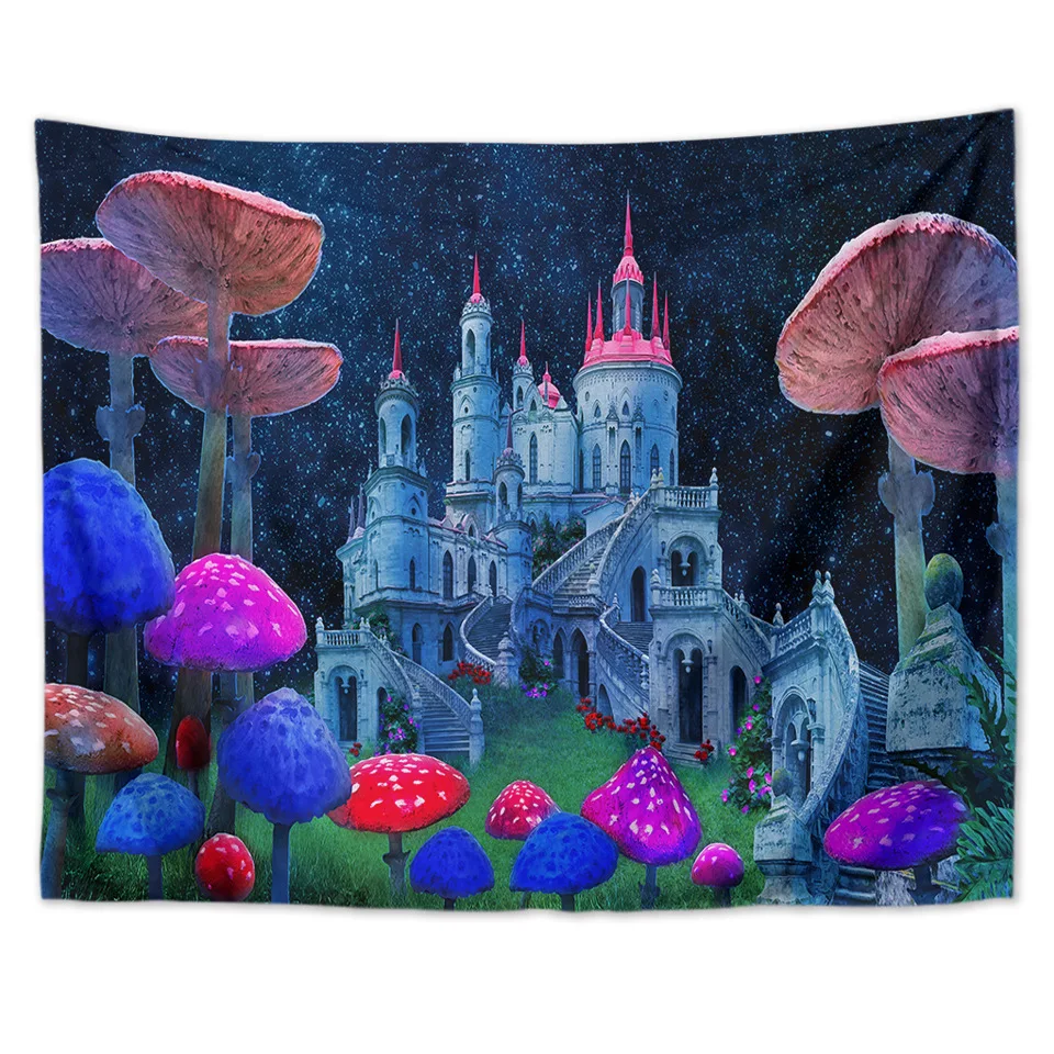 

Psychedelic Mushroom Astronaut Castle Tapestry Headboard Wall Art Dorm Wall Hanging Tapestry for Living Room Bedroom Home Decor