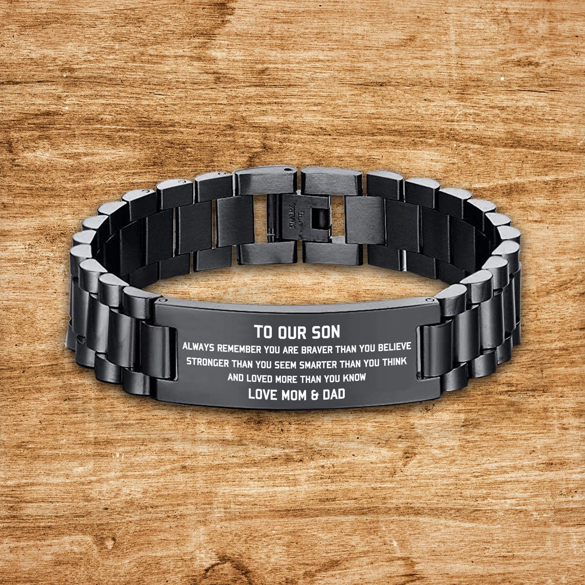 

Dad and Mom To My Son Black Men's Stainless Steel Engrave ID Bracelet Watch Link Design Multicolor Unique Meaningful