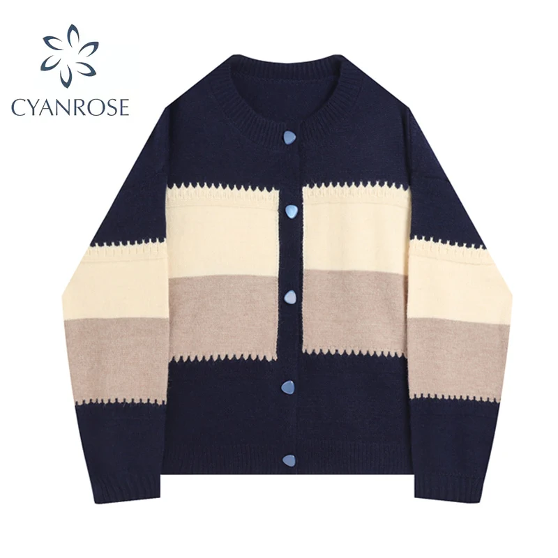 Винтажный вязаный кардиган свитер Женский Осенний однобортный лоскутный с