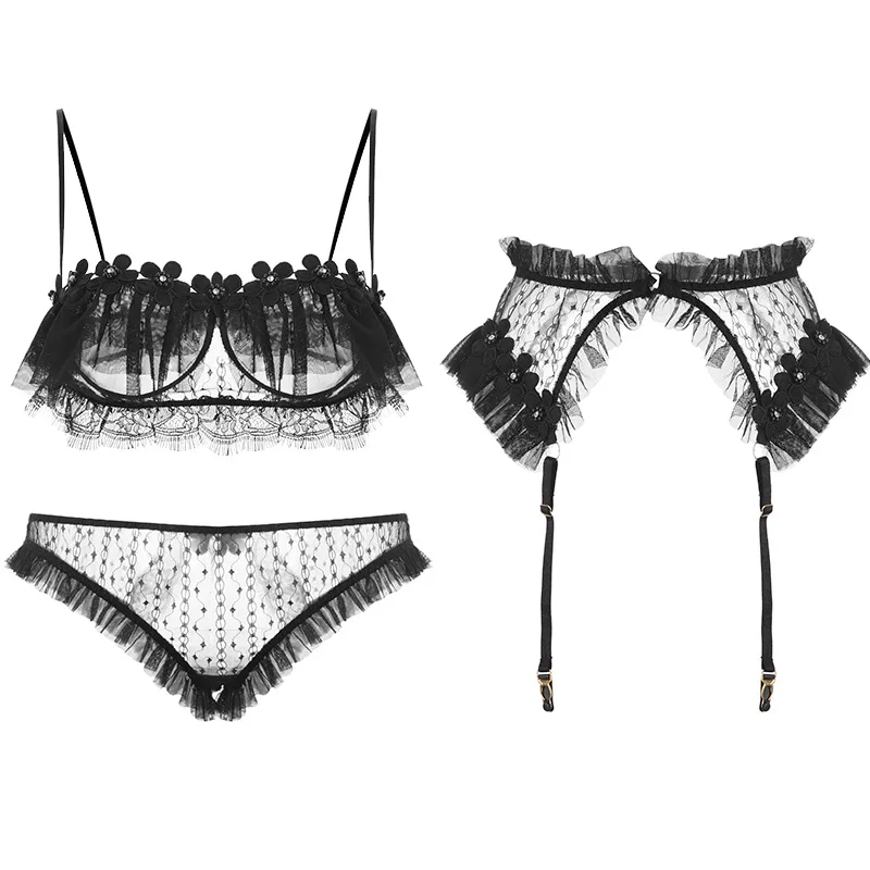 

Women Sexy Mesh See-through Flowers Three-point Garter Halter Uniform Suit Ruffled Lace Bra Panties Langerie Fantasy Lingerie