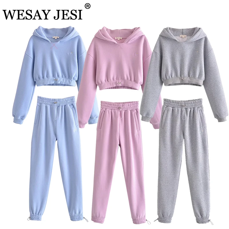 

WESAY JESI ZA 2021 теплый костюм для женщин толстый пуловер с капюшоном однотонный короткий топ эластичные с высокой талией спортивные брюки компл...