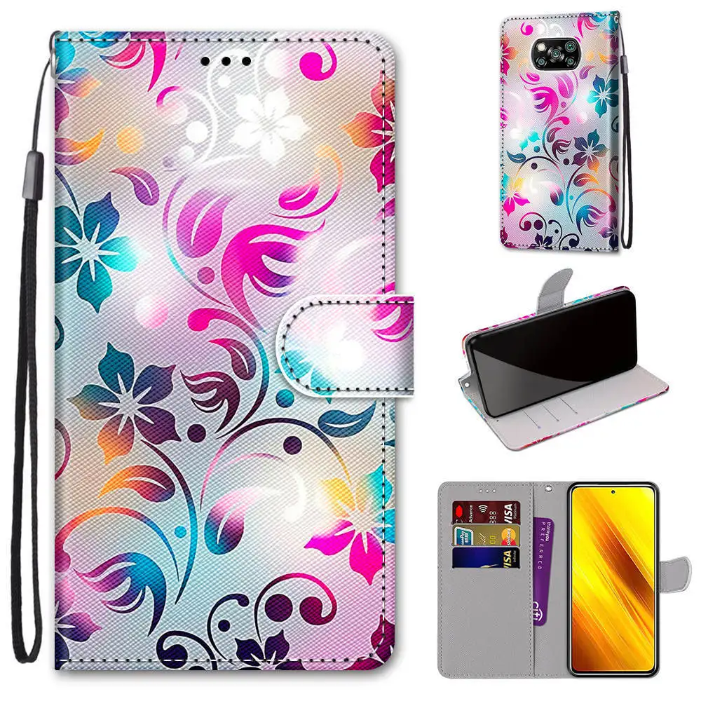 leather flip phone case for xiaomi poco x3 nfc pro m3 f3 flower cute cat painted wallet card holder stand book cover butterfly free global shipping