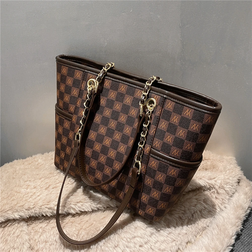 

Роскошная большая сумка-тоут через плечо в клетку с цепочкой для женщин, дизайнерские сумки от известного бренда с надписью, женские сумки д...