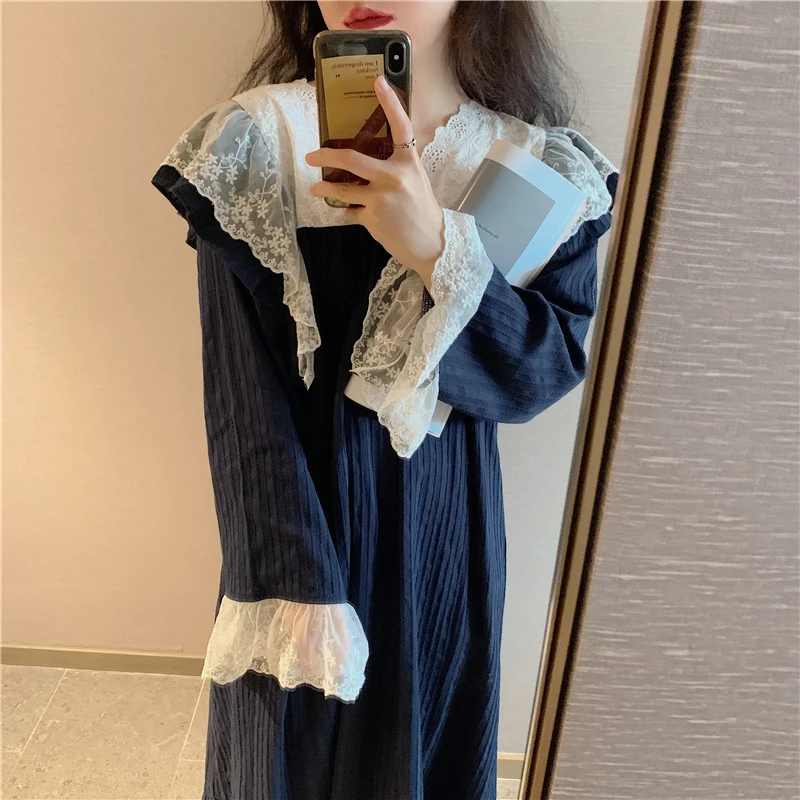 

V-Neck Sleepwear Dress Lace Printing Sweet Women 2021 Cute Chic Comfortable Korean Cotton Fashion Pajamas Nightdress