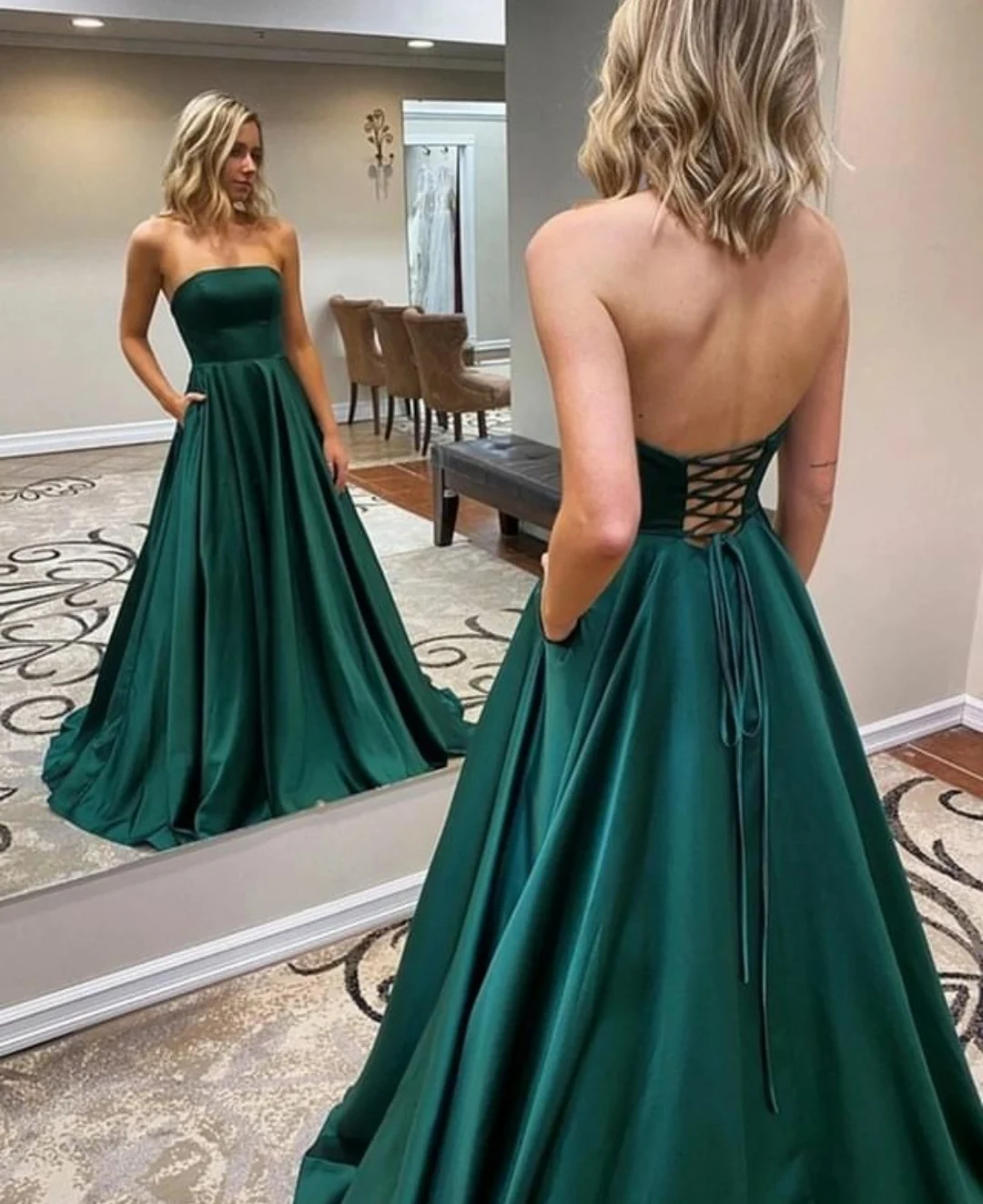 

A-Line Satin Green Long Strapless Prom Dresses with Pockets Criss Cross Back Floor Length Robe De Soiree Red Formal Party Gown