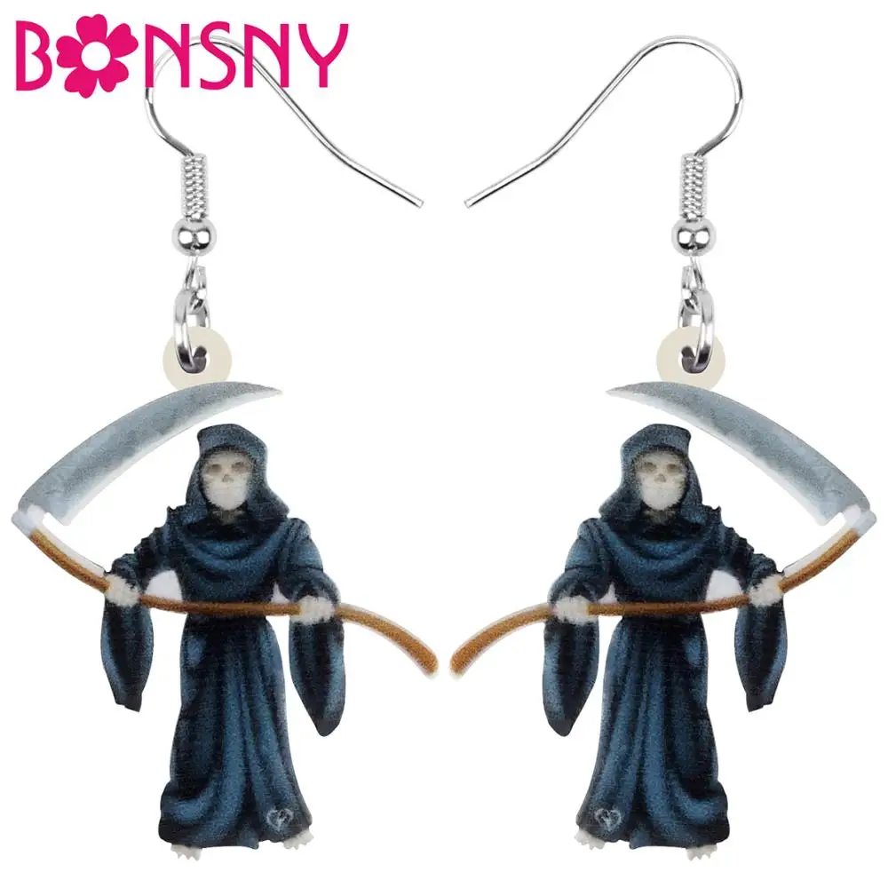 

Bonsny акриловые серьги Хэллоуин черная серпа Мрачный Жнец с принтом Висячие ювелирные изделия для женщин девочек детей классический праздни...
