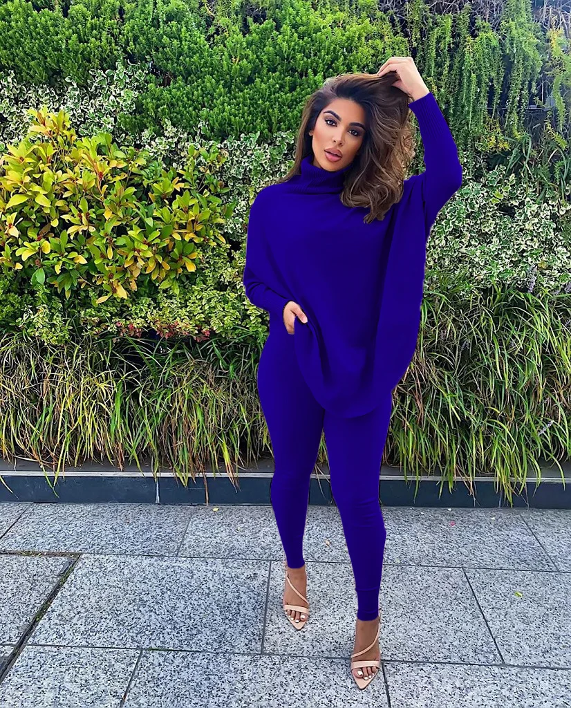 

Southern Town Women's casual tight solid color bat sleeve split top trousers two-piece sexy party spring and autumn outfit