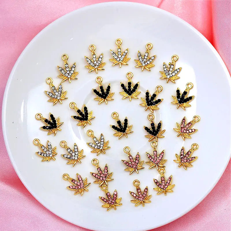 

Colorful Rhinestone Alloy Mini Maple Leaf Charms Gold Color Metal Leaves Plant Pendant 10Pcs For DIY Earring Jewelry Accessories
