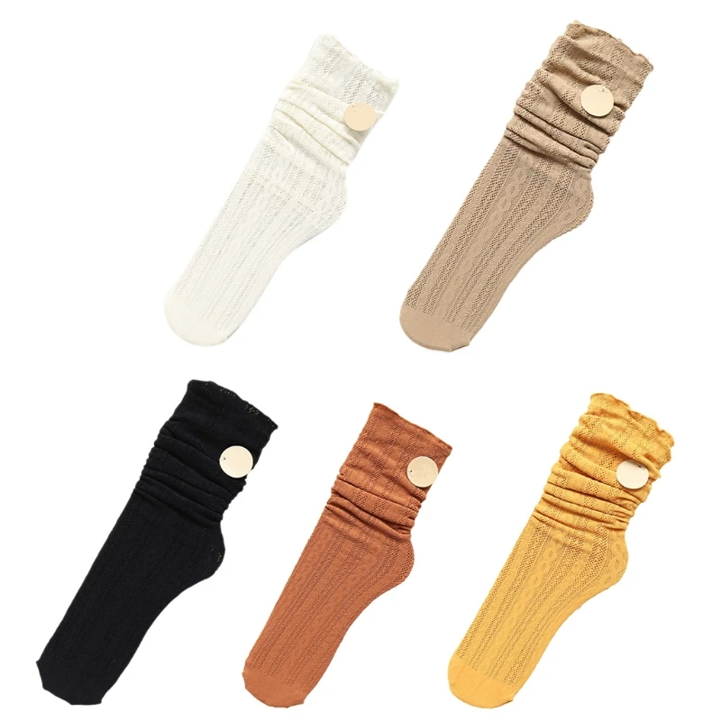 

066C 5 Pairs Women Hollow Out Breathable Mesh Crew Socks Solid Color Braided Striped Pattern Vintage Elastic Loose Mid Tube