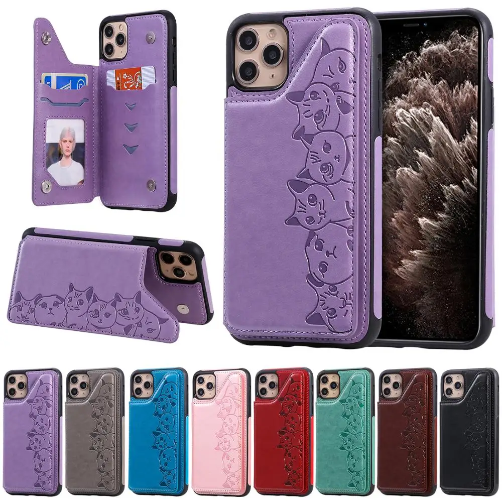 Чехол-бумажник с 3D тиснением кошка кожаный карманный для iPhone 11 Pro XR XS Max 6 6s 7 8 Plus 12 13