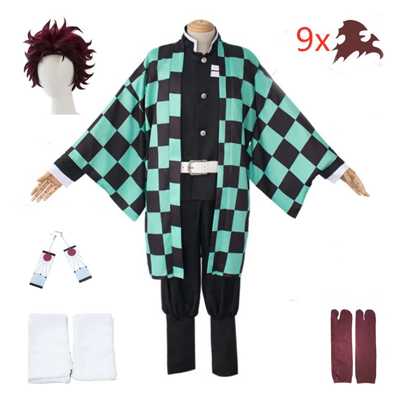 

adult and kids Demon Slayer Cosplay Tanjirou Kamado Cosplay Costume Kimetsu no Yaiba Men Kimono Costume wigs earrings Halloween