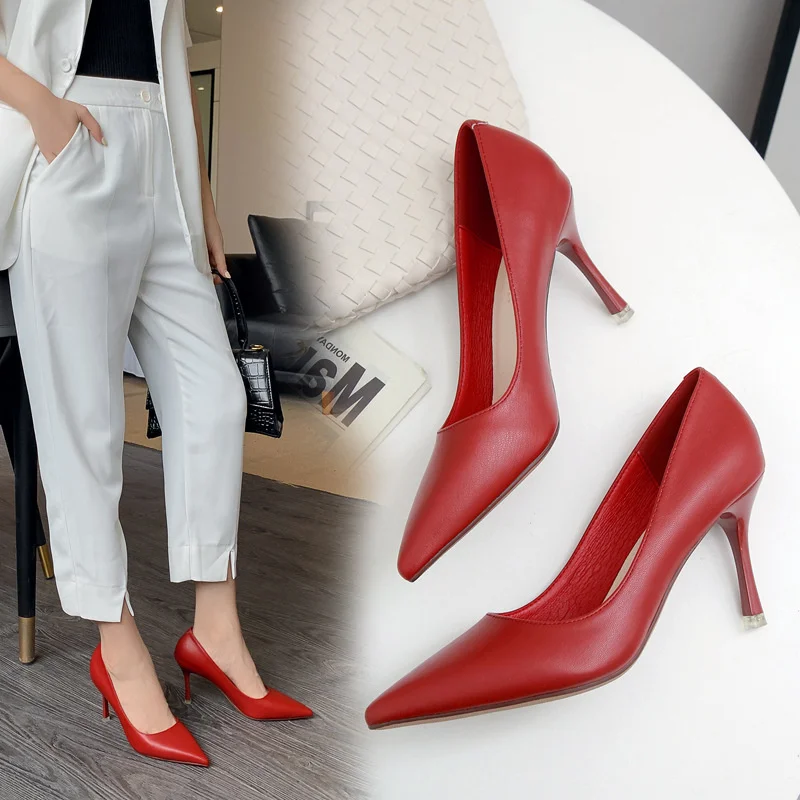 

lady‘s Pointed Stiletto Red High Heels 2021 Fall New Single Shoes Professional Women's Shoes Black Work Pumps for Office Lady