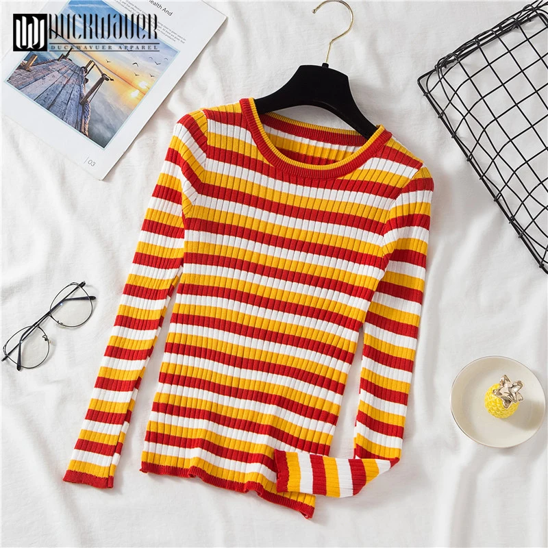 Женский вязаный свитер Duckwaver Радужный Повседневный пуловер с длинным рукавом и