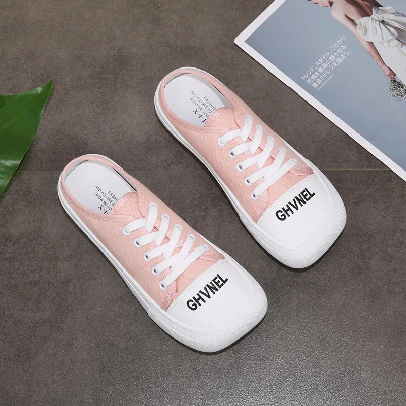 

Canvas shoes women 2021 new bag head semi-sandal slippers outside wearing spring and summer shoes lazy single shoes