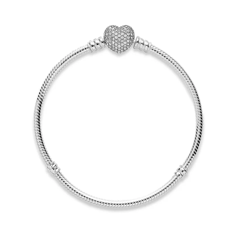 

Romantic 925 Sterling Silver Sparkling Heart Clasp Snake Chain Bracelet For Women For Original Brand DIY Charms Beads Jewelry