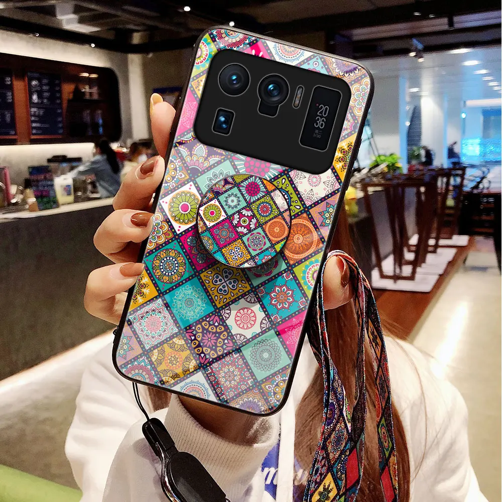 

Explosion-proof Tempered Glass Phone Case for Xiaomi Mi 11 Ultra Case Stained Glass Cover with Telescopic Bracket And Lanyard