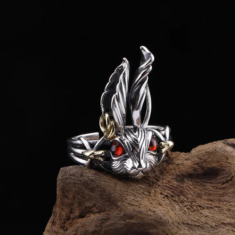 

Real 925 Sterling Silver Make Old Ring Hip Hop Street 12 Zodiac Crystal Fans Rabbit Mouth Ring Exquisite Party Jewelry