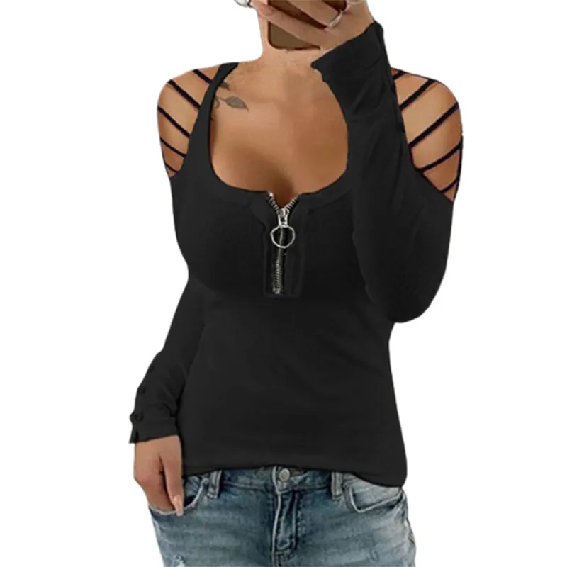 

2021 Fashion New Women's Autumn Clothing Solid Color Strapless Sexy Tops Ladies Hedging Casual Loose Long-Sleeved Zipper T-Shirt