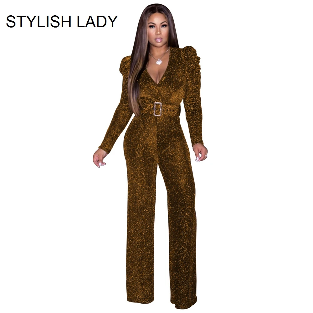 

STYLISH LADY Glitter Rompers and Jumpsuits with Belt 2019 Autumn Women Puff Sleeve V Neck Bodycon Club Party Elegant Overallas