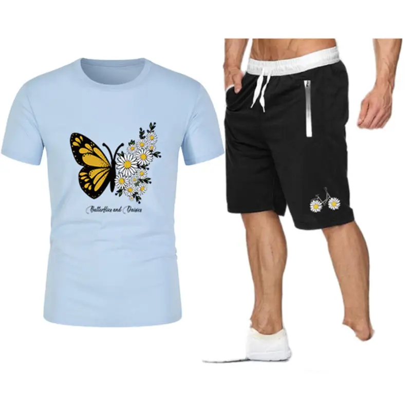 

Summer Short Sets Men's Shorts +T shirts 2-piece Suit Beautiful Pattern Casual Fitness Jogging running T-shirts Men Short Homme