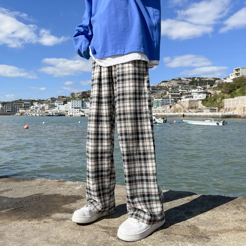 

Брюки мужские длинные в клетку, спортивные свободные прямые повседневные брендовые штаны с широкими штанинами для мальчиков, весна