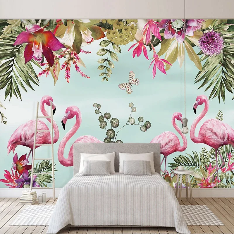 

Custom Mural Nordic Ins Flowers Birds Flamingo Children Room Living Room Sofa TV Background Wall Decorative Painting Wallpaper