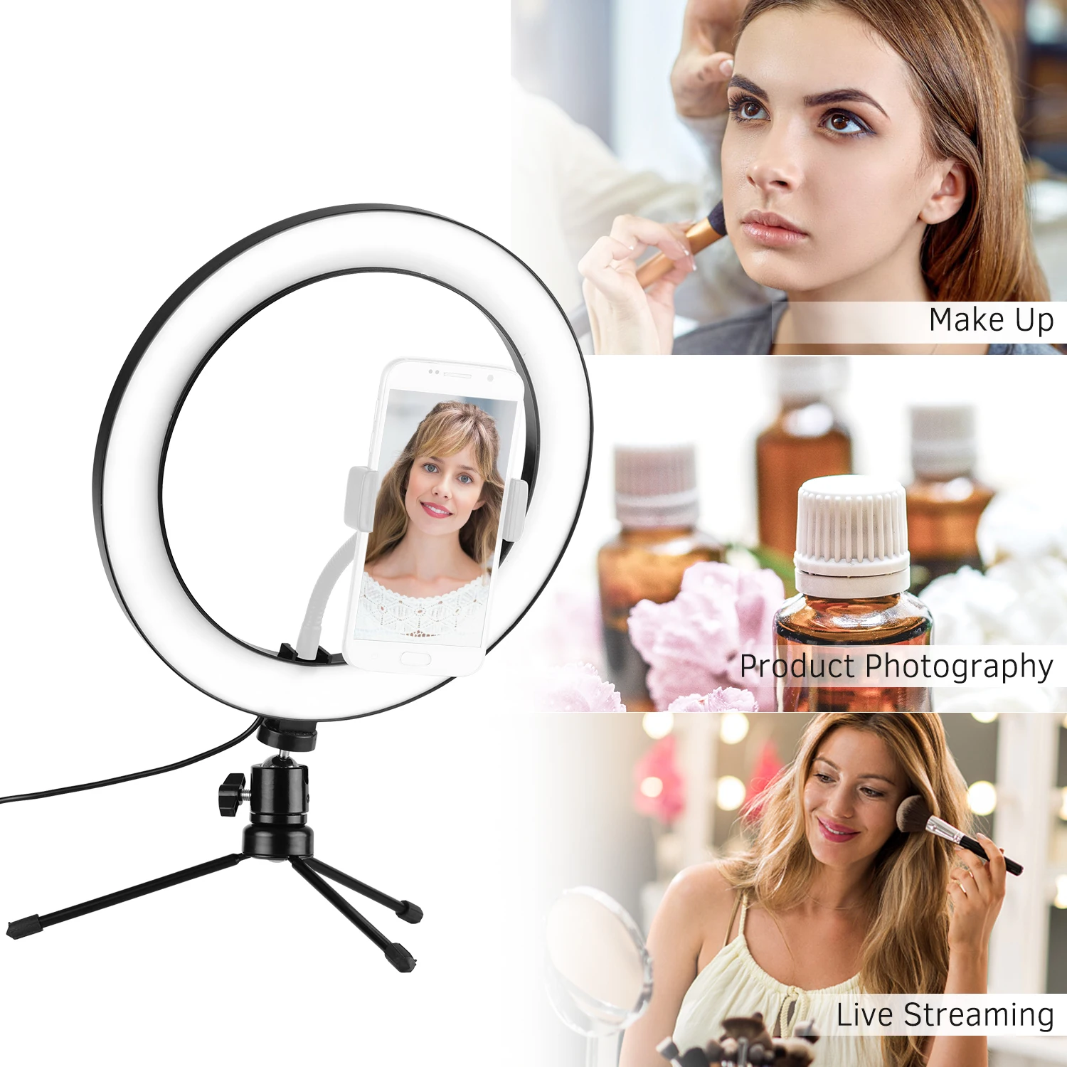 

10inch LED Ring Light Photography Fill-in Lamp 3 Lighting Modes Dimmable USB Powered with Mini Desktop Tripod for Live Video